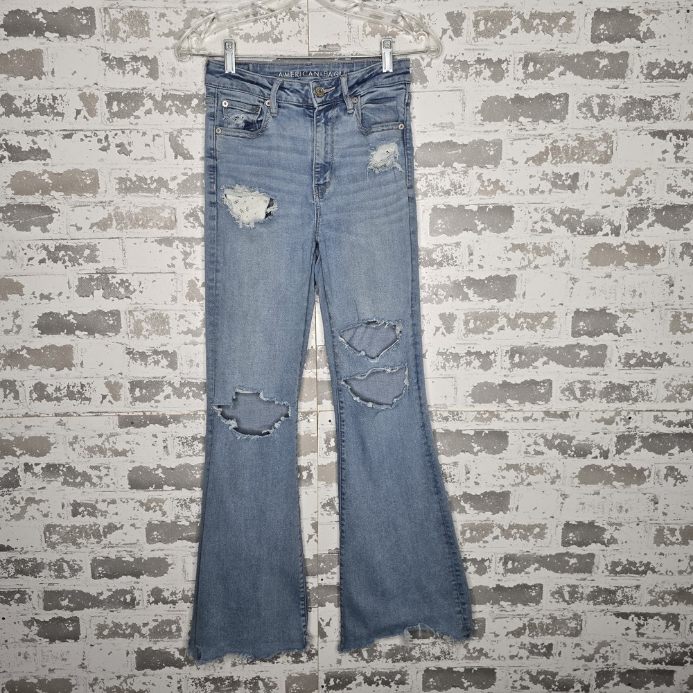 American Eagle Jeans Womens 4 Super Hi Rise Flare Destroyed Light Wash Denim